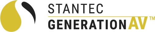 Logo for Stantec GenerationAV featuring a stylized gold and black design element alongside bold text, with "Stantec" in black and "GenerationAV" in gold and black.