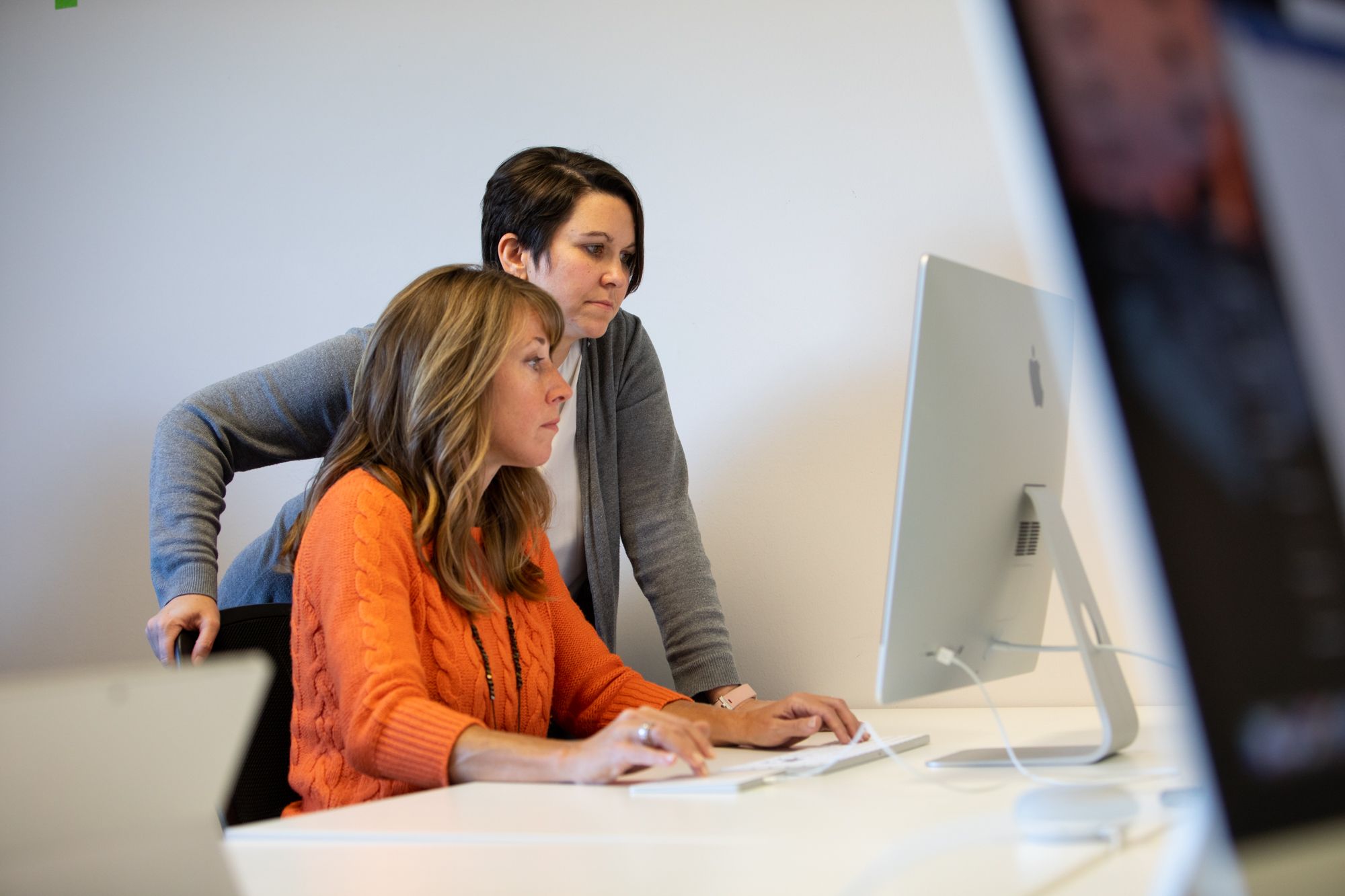 Two professional women collaborating at a desktop computer in an office setting. One is seated and actively working, while the other stands closely, providing guidance or input.